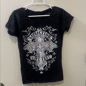 Affliction Women's Black and White Graphic Tee With Open Back